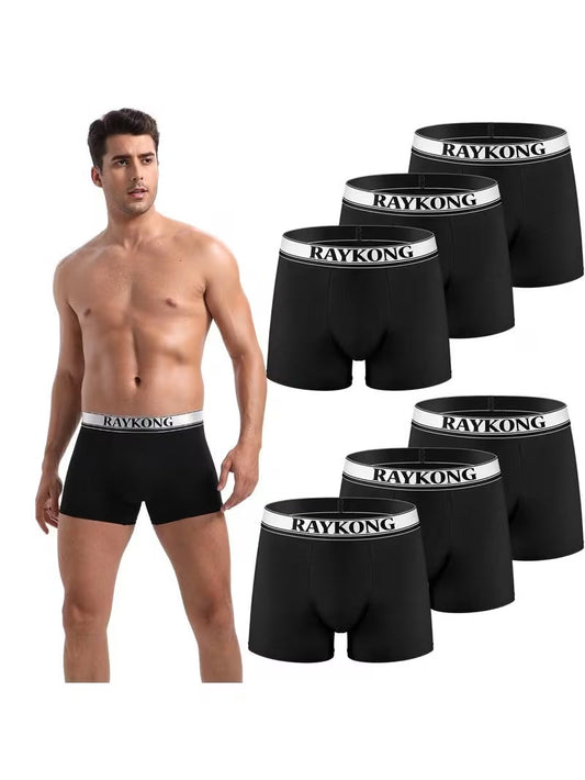 Cuecas boxer para homem 95% algodão pack de 6 roupa interior confortável respirável (Preto)