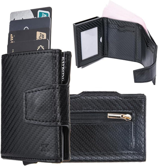 Cartera Tarjetero RAYKONG Bloqueo RFID/NFC Pop-up Automático con Monedero Fibra Carbono - NegroCarbon