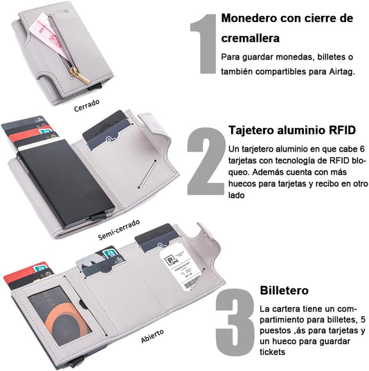 Cartera Tarjetero RAYKONG Bloqueo RFID/NFC Pop-up Automático con Monedero Fibra Carbono - Gris