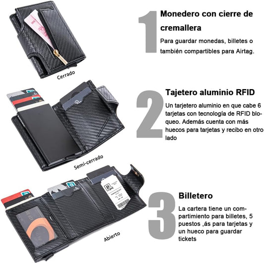 Cartera Tarjetero RAYKONG Bloqueo RFID/NFC Pop-up Automático con Monedero Fibra Carbono - NegroCarbon