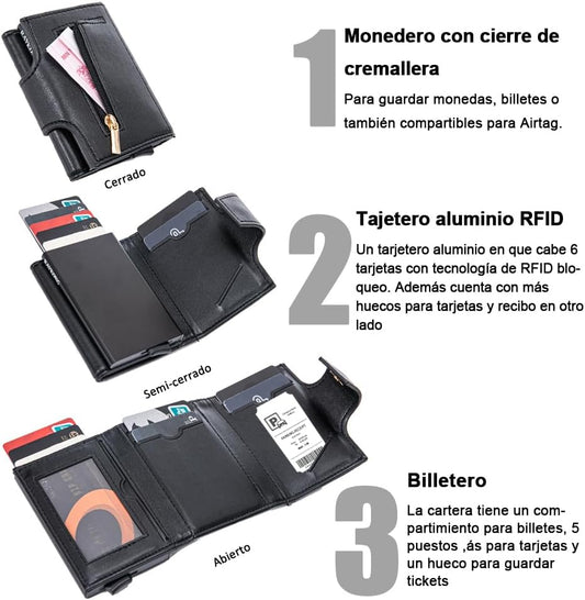 Cartera Tarjetero RAYKONG Bloqueo RFID/NFC Pop-up Automático con Monedero Fibra Carbono - Negro