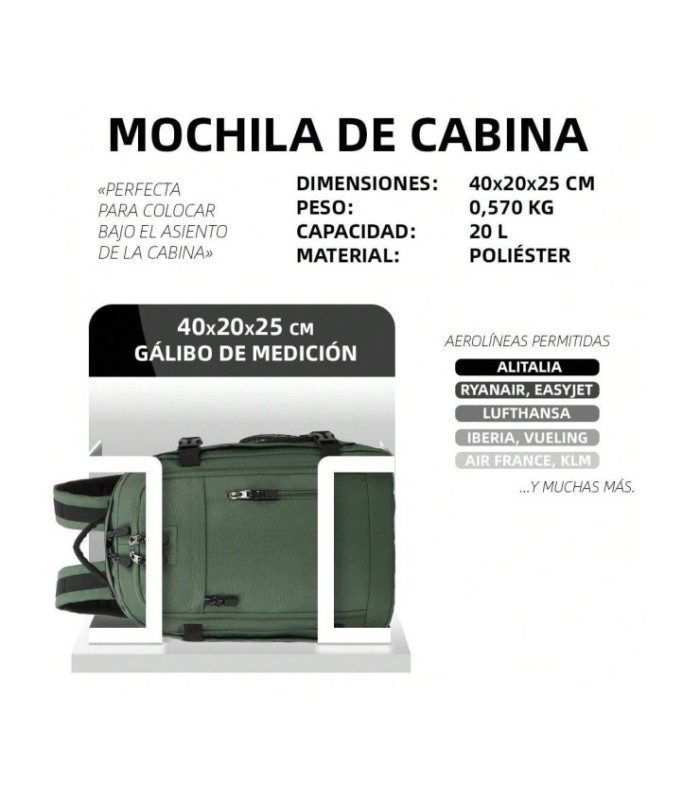 RAYKONG Mochila de cabine Ryanair 40x20x25cm (20L) | Mochila de viagem de avião à prova de água | Bagagem de mão - Verde