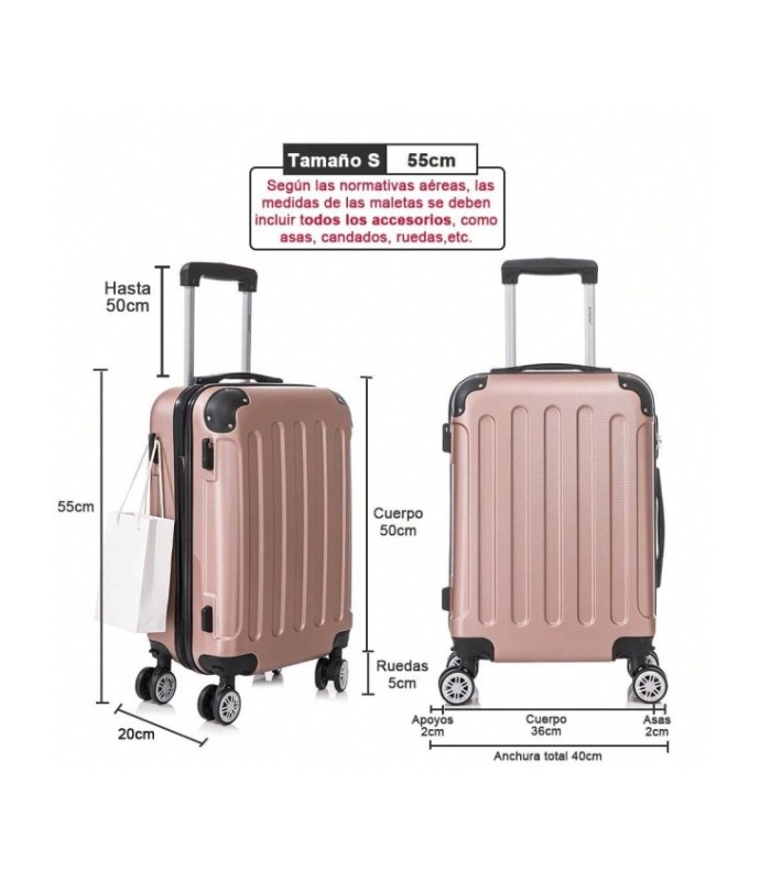 RAYKONG Mala de cabine ABS 55x40x20cm (40L) - Carrinho de bagagem de mão pequeno - 4 rodas duplas giratórias 360° - Ouro rosa