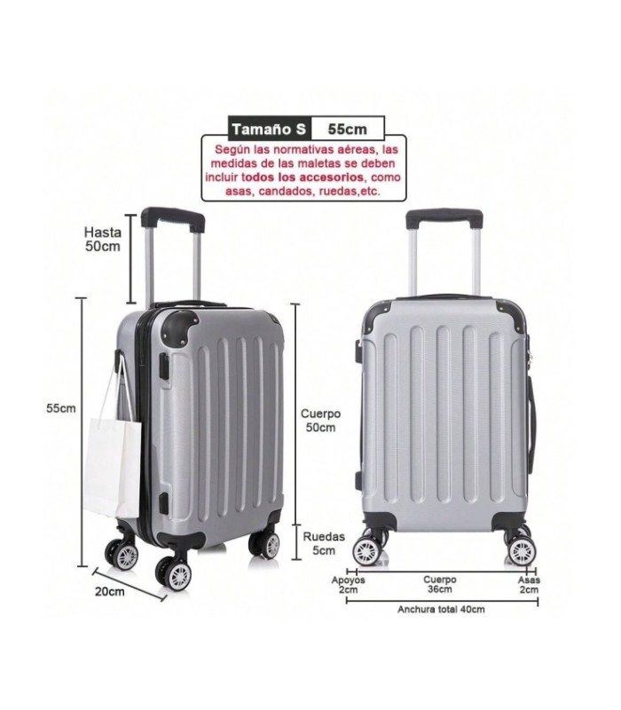 RAYKONG Mala de cabine ABS 55x40x20cm (40L) - Carrinho de bagagem de mão pequeno - 4 rodas duplas giratórias 360° - Prata