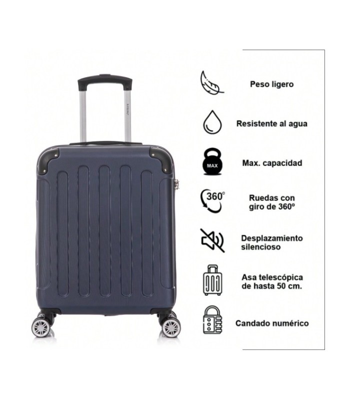 RAYKONG Maleta Cabina ABS 55x40x20cm (44L) - Maxima Capacidad - 4 Ruedas Giratorias Dobles 360ª - Candado Incrustado - AzulMarin