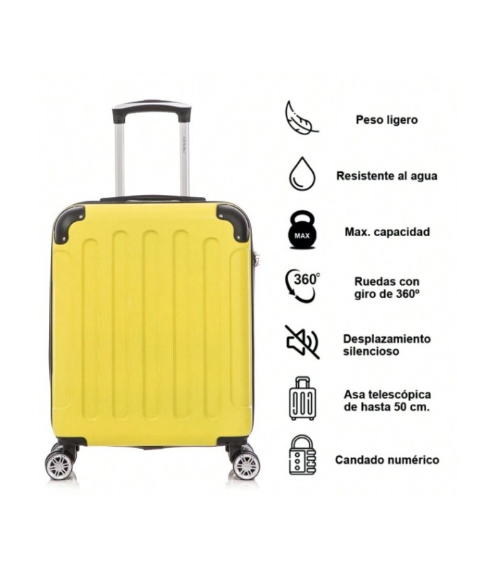 RAYKONG Maleta Cabina ABS 55x40x20cm (44L) - Maxima Capacidad - 4 Ruedas Giratorias Dobles 360ª - Candado Incrustado - Amarillo