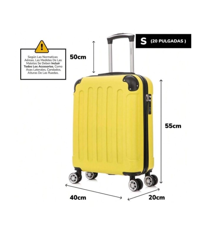 RAYKONG Maleta Cabina ABS 55x40x20cm (44L) - Maxima Capacidad - 4 Ruedas Giratorias Dobles 360ª - Candado Incrustado - Amarillo