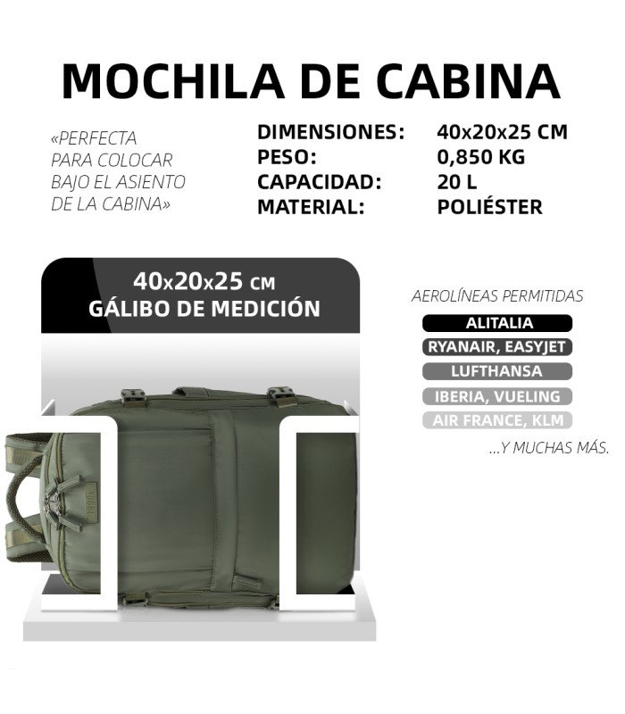 1990s Mochila de cabine expansível para Ryanair 40x25x20-25cm, bolsa de sapato, adapta-se a 14 computadores portáteis - VerdeMil