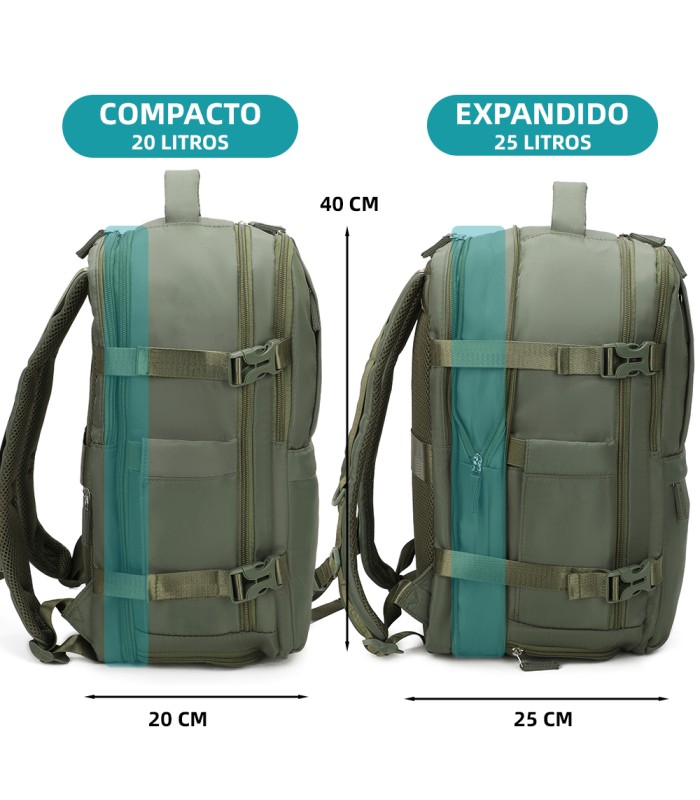 1990s Mochila de cabine expansível para Ryanair 40x25x20-25cm, bolsa de sapato, adapta-se a 14 computadores portáteis - VerdeMil