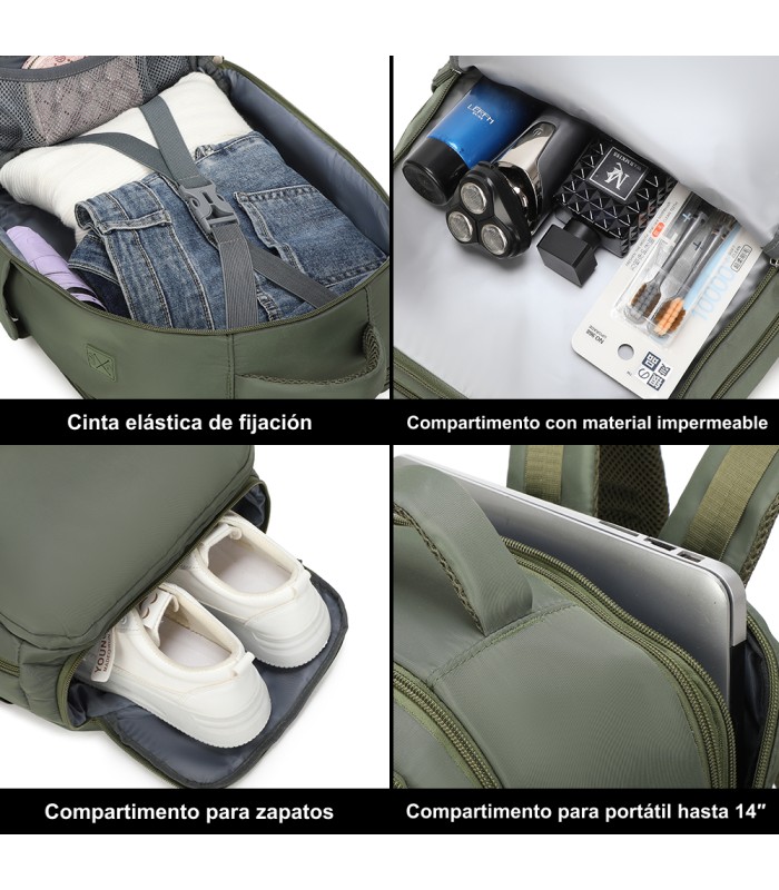 1990s Mochila de cabine expansível para Ryanair 40x25x20-25cm, bolsa de sapato, adapta-se a 14 computadores portáteis - VerdeMil