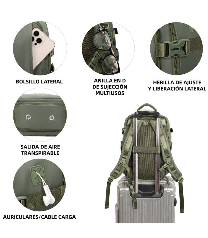 1990s Mochila de cabine expansível para Ryanair 40x25x20-25cm, bolsa de sapato, adapta-se a 14 computadores portáteis - VerdeMil