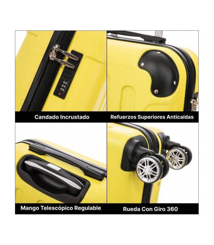RAYKONG Maleta Cabina ABS 55x40x20cm (44L) - Maxima Capacidad - 4 Ruedas Giratorias Dobles 360ª - Candado Incrustado - Amarillo