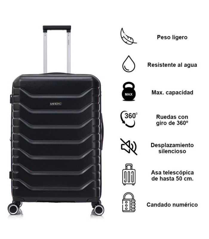RAYKONG Maleta Grande Expandible ABS+PC 75x49x31cm - 33.50cm Extendido | 23kg - 25kg - Negro