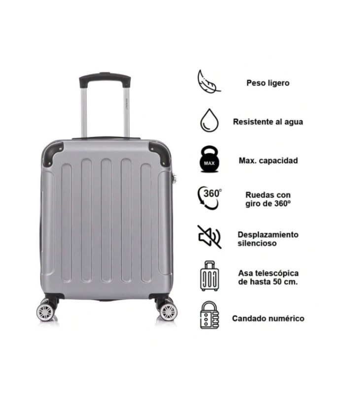 RAYKONG Maleta Cabina ABS 55x40x20cm (44L) - Maxima Capacidad - 4 Ruedas Giratorias Dobles 360ª - Candado Incrustado - Plata