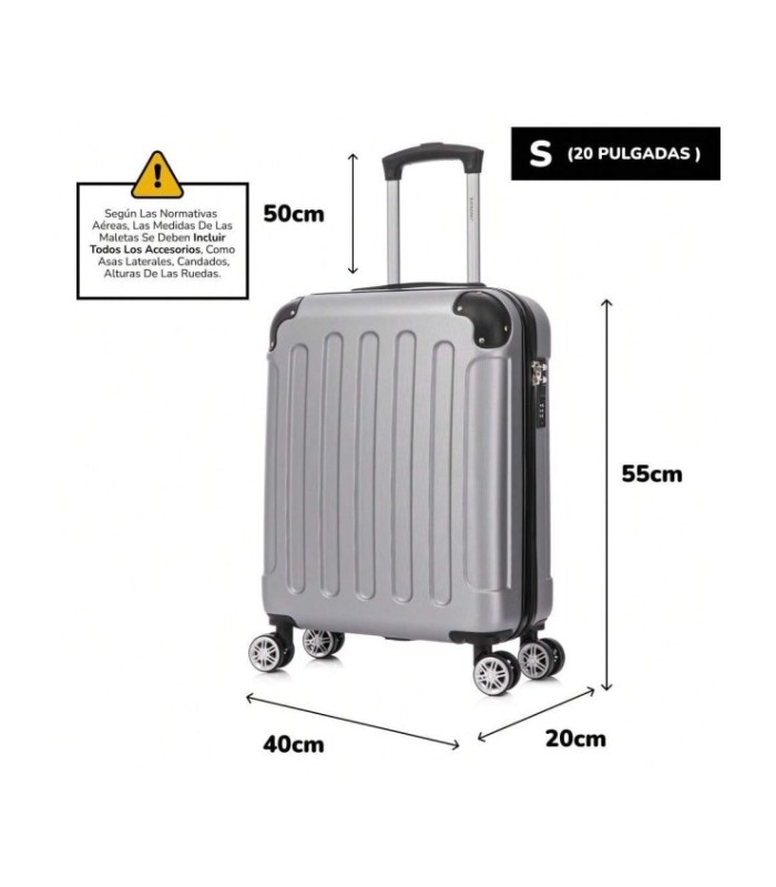 RAYKONG Maleta Cabina ABS 55x40x20cm (44L) - Maxima Capacidad - 4 Ruedas Giratorias Dobles 360ª - Candado Incrustado - Plata