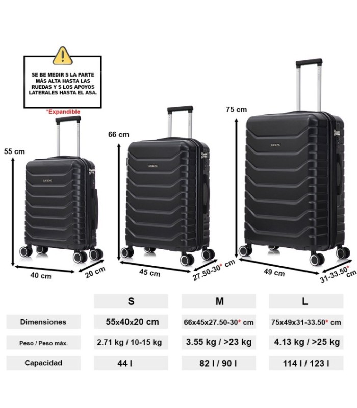 Juego de 3 Maletas ABS+PC Cabina |Maleta Mediana Expandible |Maleta Grande Expandible - Negro