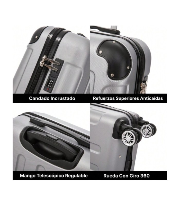 RAYKONG Maleta Cabina ABS 55x40x20cm (44L) - Maxima Capacidad - 4 Ruedas Giratorias Dobles 360ª - Candado Incrustado - Plata