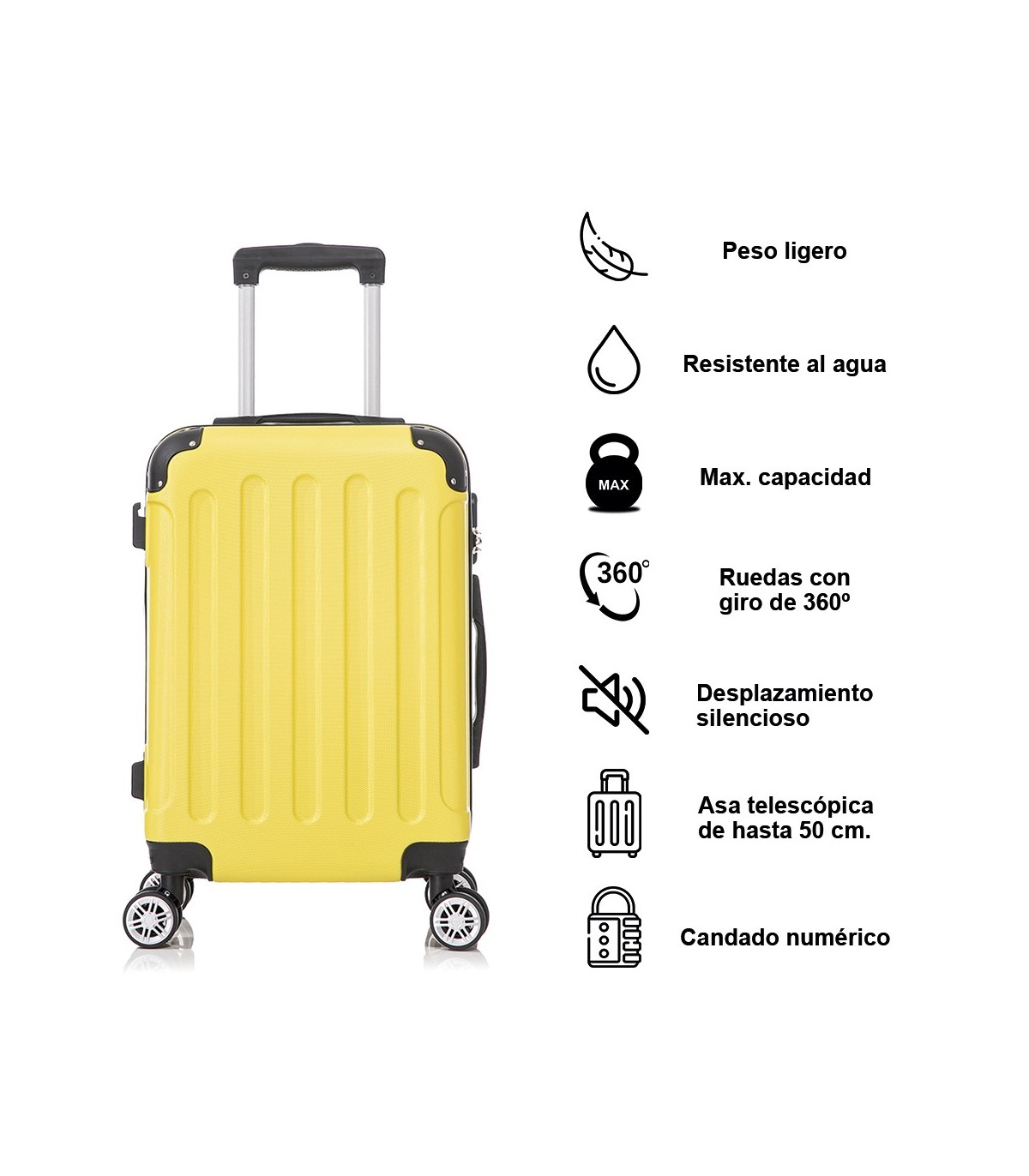 Juego de 3 Maletas ABS Cabina 55x40x20cm | Mediana 66x43x25cm| Grande 76x49x29cm - Amarillo