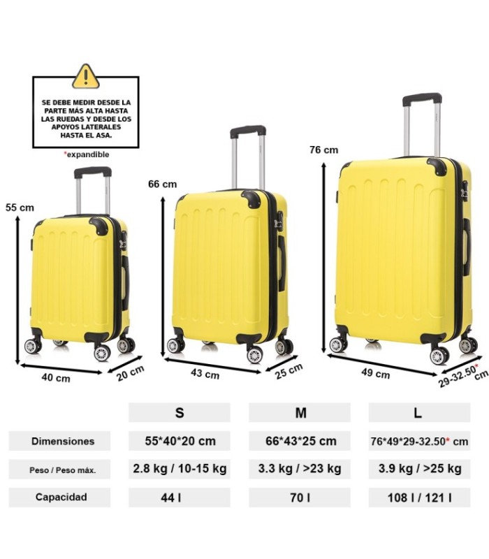 Conjunto de 3 Malas de Cabine em ABS 55x40x20cm | Média 66x43x25cm | Grande 76x49x29cm - Amarela
