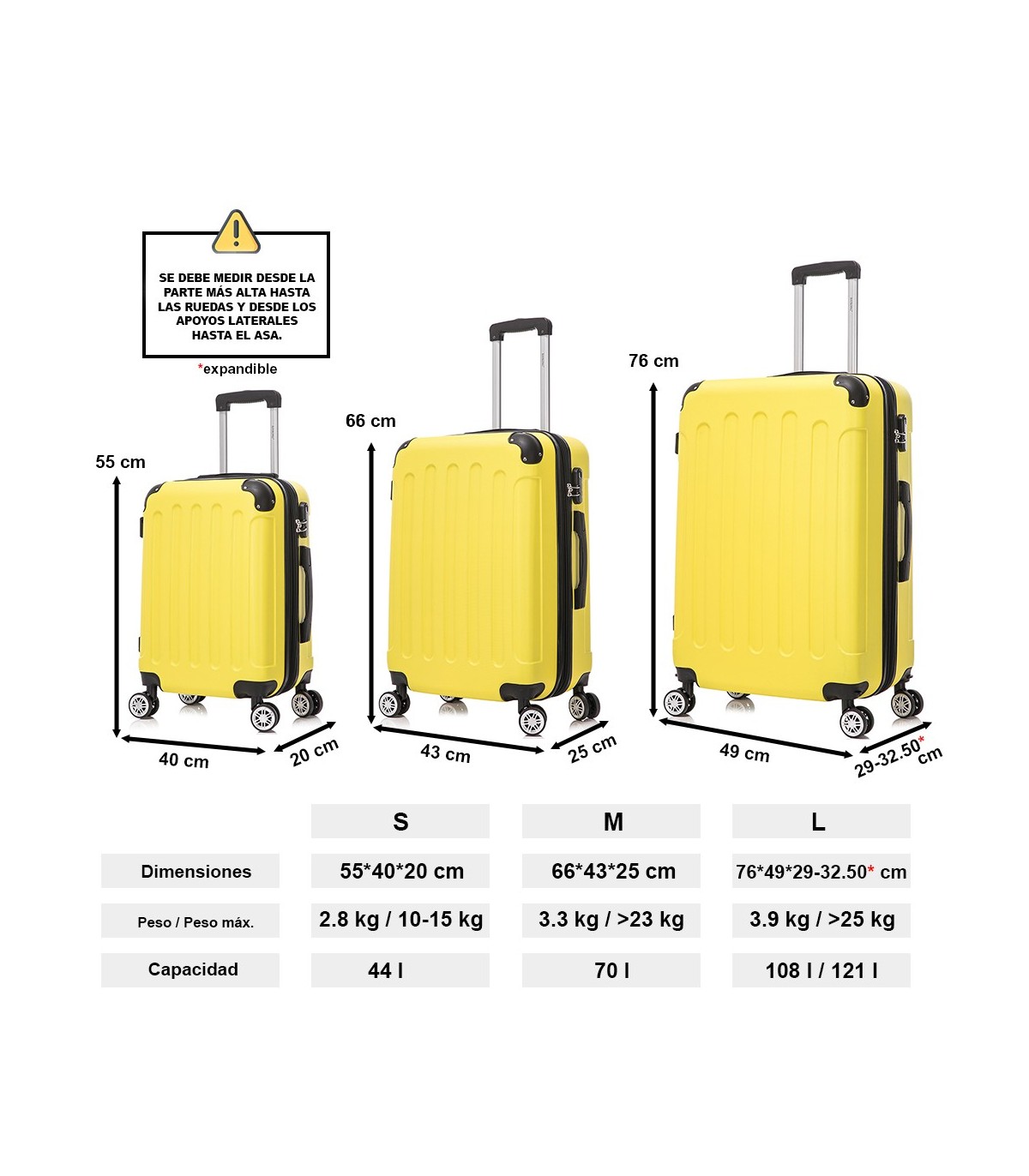 Juego de 3 Maletas ABS Cabina 55x40x20cm | Mediana 66x43x25cm| Grande 76x49x29cm - Amarillo