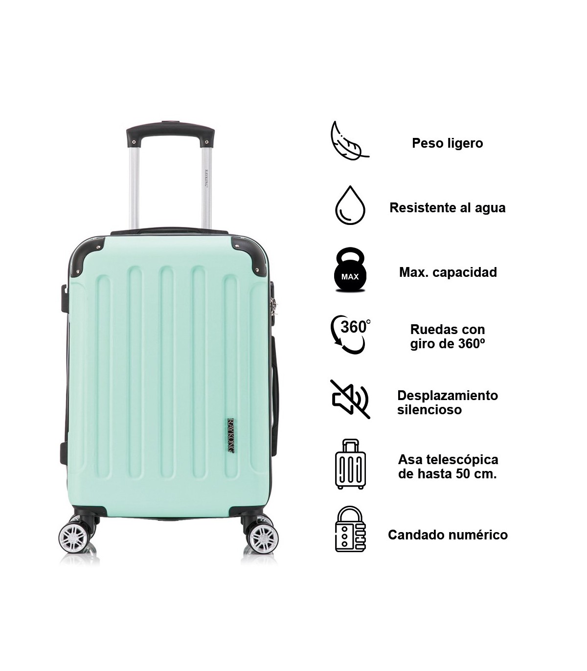 Juego de 3 Maletas ABS Cabina 55x40x20cm | Mediana 66x43x25cm| Grande 76x49x29cm - Menta