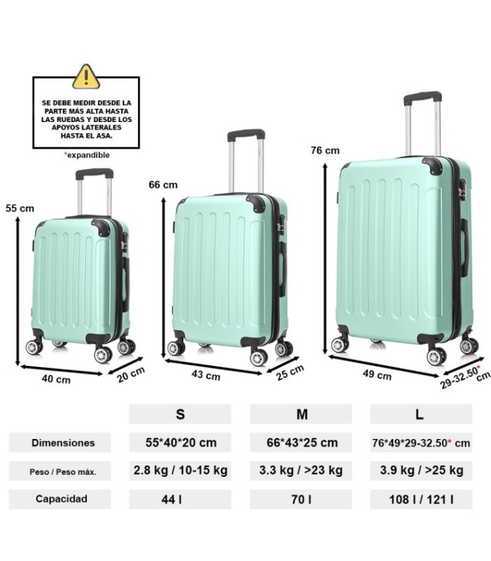 Juego de 3 Maletas ABS Cabina 55x40x20cm | Mediana 66x43x25cm| Grande 76x49x29cm - Menta