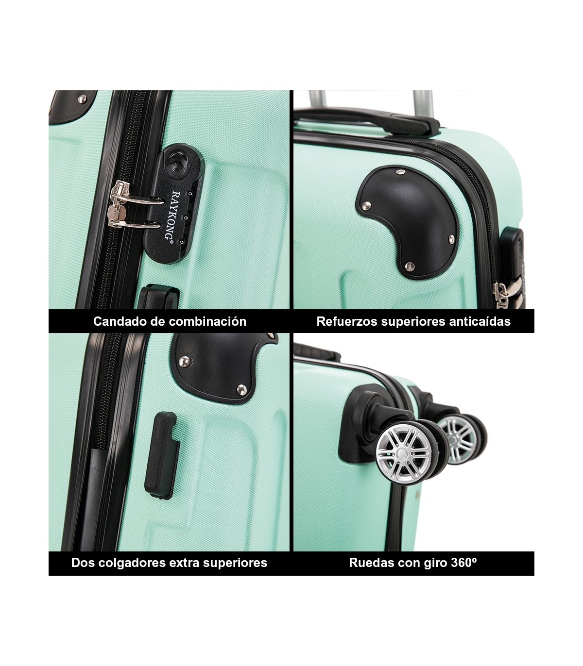 Juego de 3 Maletas ABS Cabina 55x40x20cm | Mediana 66x43x25cm| Grande 76x49x29cm - Menta