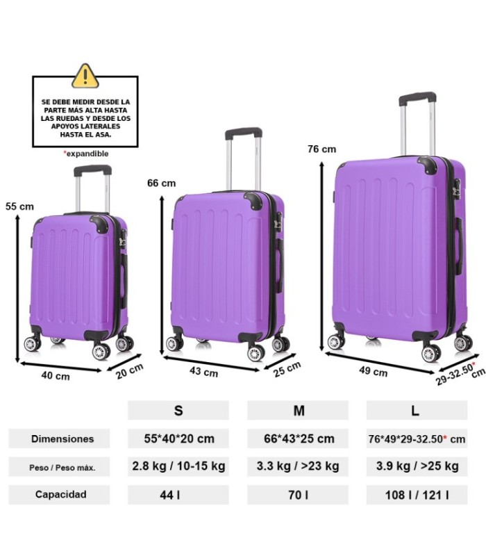 Juego de 3 Maletas ABS Cabina 55x40x20cm | Mediana 66x43x25cm| Grande 76x49x29cm - Morado