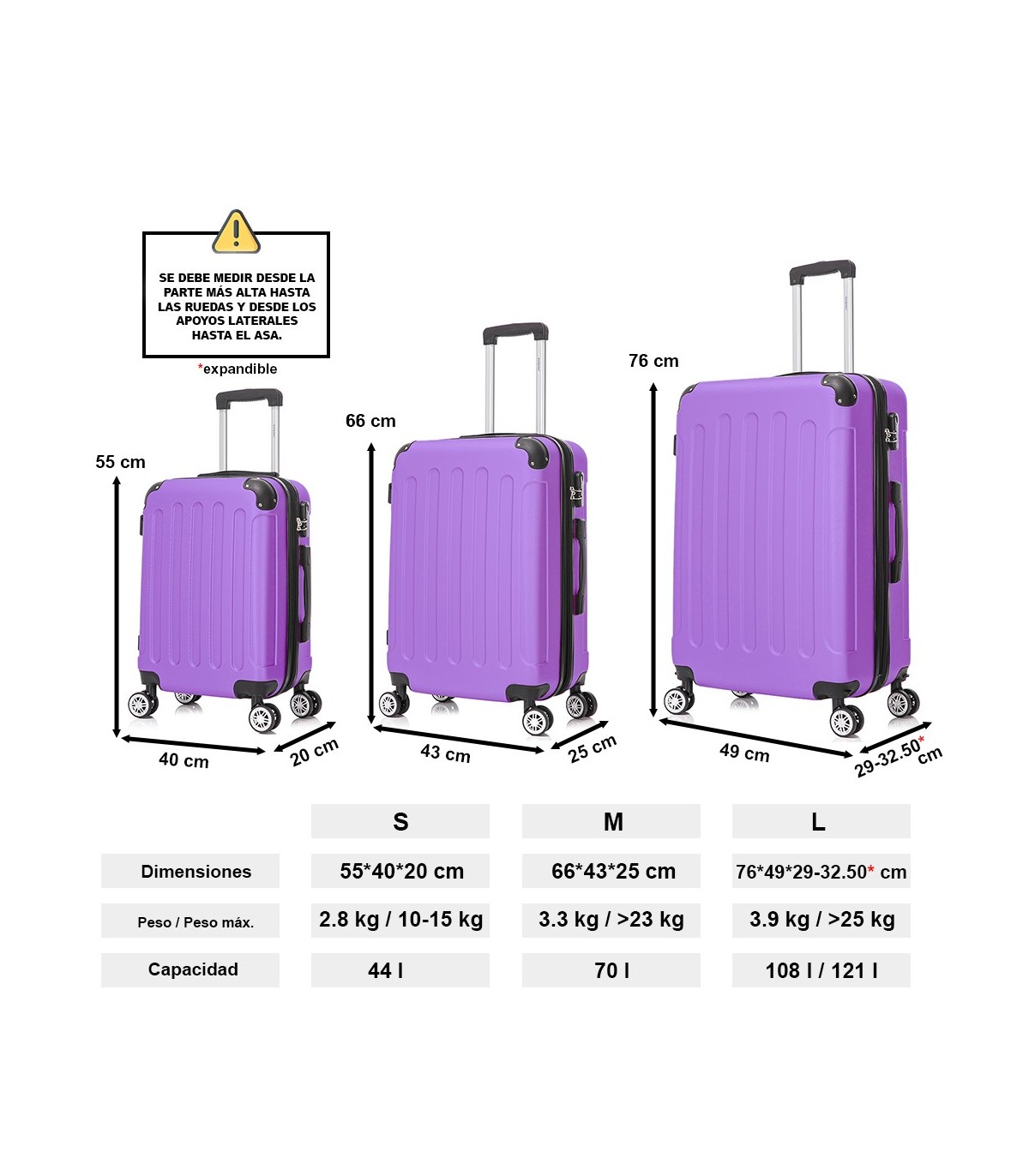 Juego de 3 Maletas ABS Cabina 55x40x20cm | Mediana 66x43x25cm| Grande 76x49x29cm - Morado