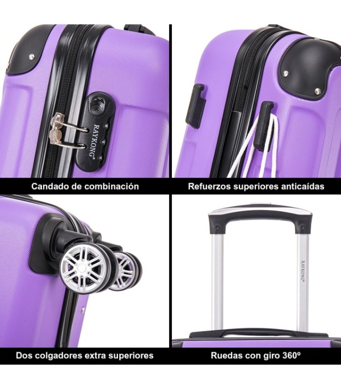 Juego de 3 Maletas ABS Cabina 55x40x20cm | Mediana 66x43x25cm| Grande 76x49x29cm - Morado