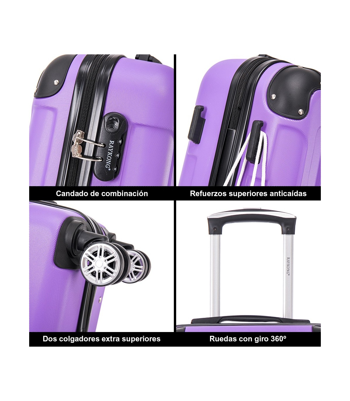 Juego de 3 Maletas ABS Cabina 55x40x20cm | Mediana 66x43x25cm| Grande 76x49x29cm - Morado