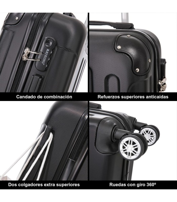 Juego de 3 Maletas ABS Cabina 55x40x20cm | Mediana 66x43x25cm| Grande 76x49x29cm - Negro