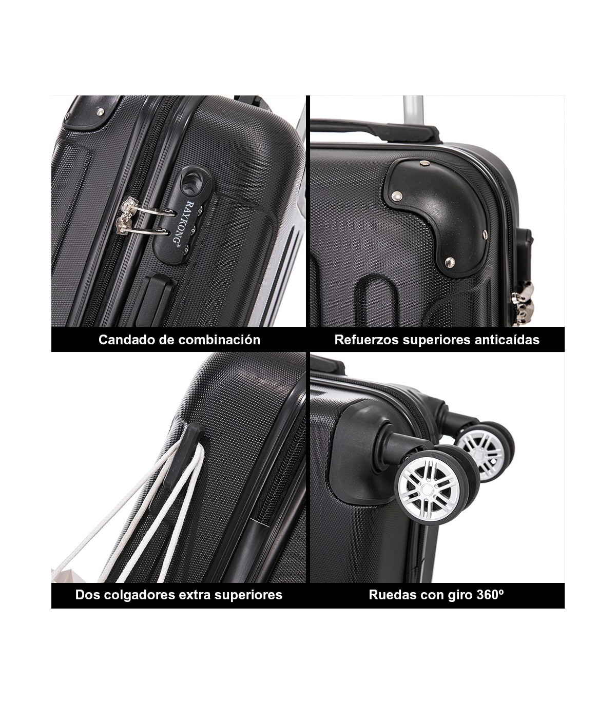 Juego de 3 Maletas ABS Cabina 55x40x20cm | Mediana 66x43x25cm| Grande 76x49x29cm - Negro