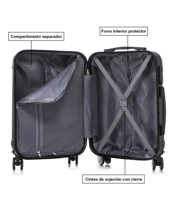 Conjunto de 3 Malas de Cabine em ABS 55x40x20cm | Média 66x43x25cm | Grande 76x49x29cm - Preta