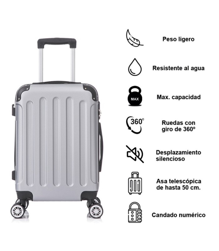 Juego de 3 Maletas ABS Cabina 55x40x20cm | Mediana 66x43x25cm| Grande 76x49x29cm - Plata