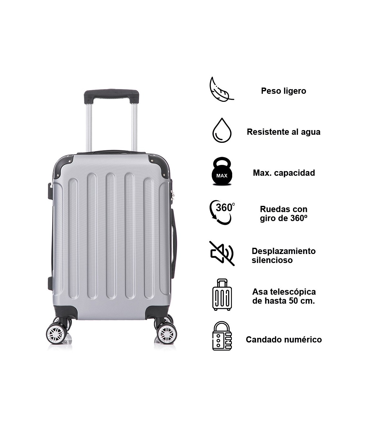 Juego de 3 Maletas ABS Cabina 55x40x20cm | Mediana 66x43x25cm| Grande 76x49x29cm - Plata