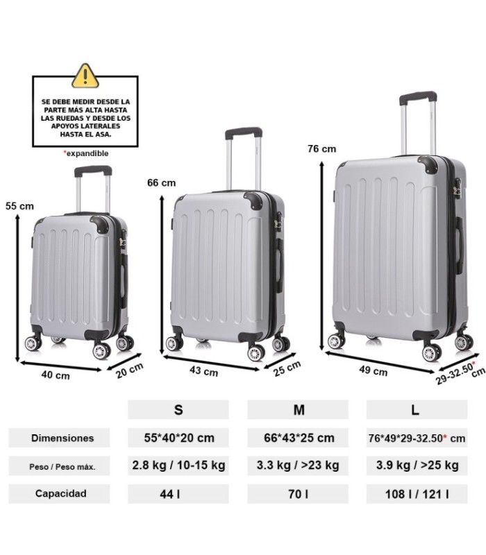 Juego de 3 Maletas ABS Cabina 55x40x20cm | Mediana 66x43x25cm| Grande 76x49x29cm - Plata