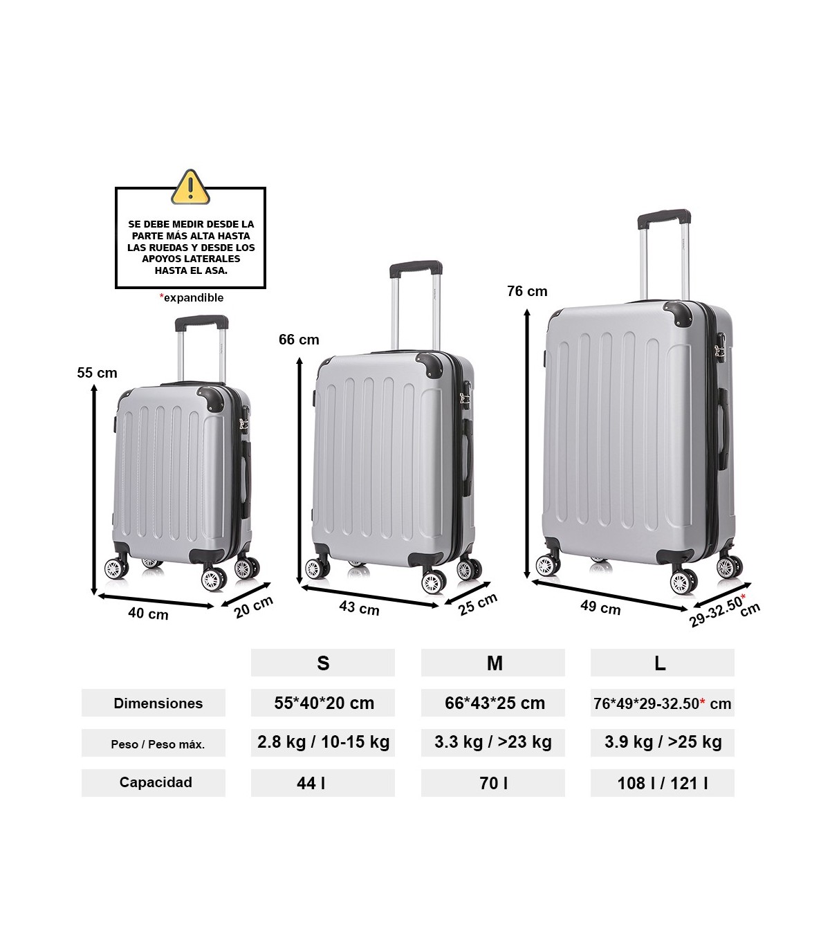 Juego de 3 Maletas ABS Cabina 55x40x20cm | Mediana 66x43x25cm| Grande 76x49x29cm - Plata