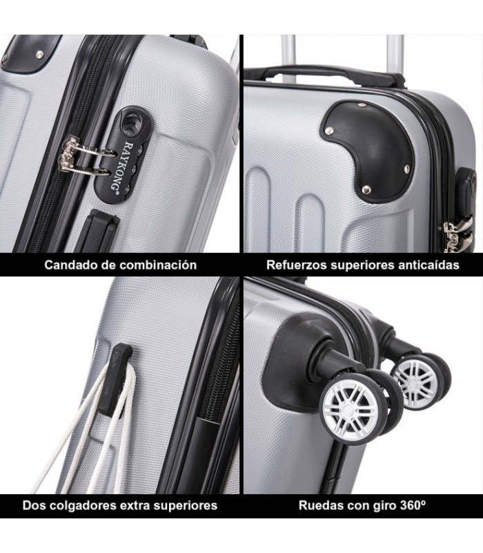 Conjunto de 3 Malas de Cabine em ABS 55x40x20cm | Média 66x43x25cm | Grande 76x49x29cm - Prateado