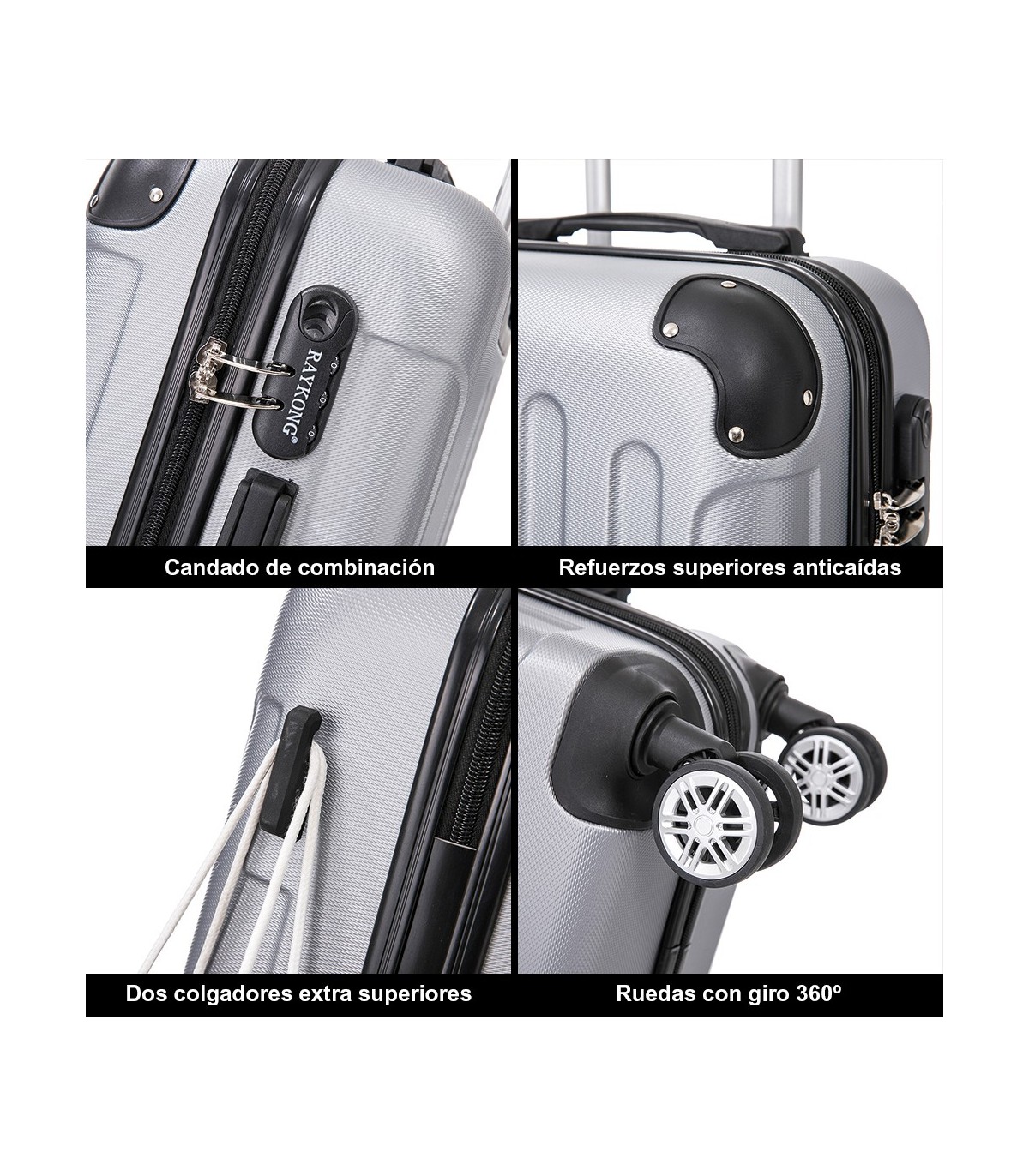 Juego de 3 Maletas ABS Cabina 55x40x20cm | Mediana 66x43x25cm| Grande 76x49x29cm - Plata