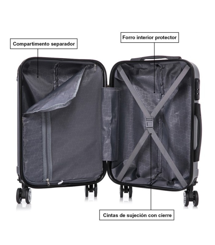 Juego de 3 Maletas ABS Cabina 55x40x20cm | Mediana 66x43x25cm| Grande 76x49x29cm - Plata