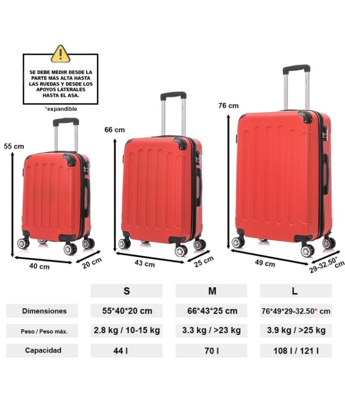 Juego de 3 Maletas ABS Cabina 55x40x20cm | Mediana 66x43x25cm| Grande 76x49x29cm - Rojo
