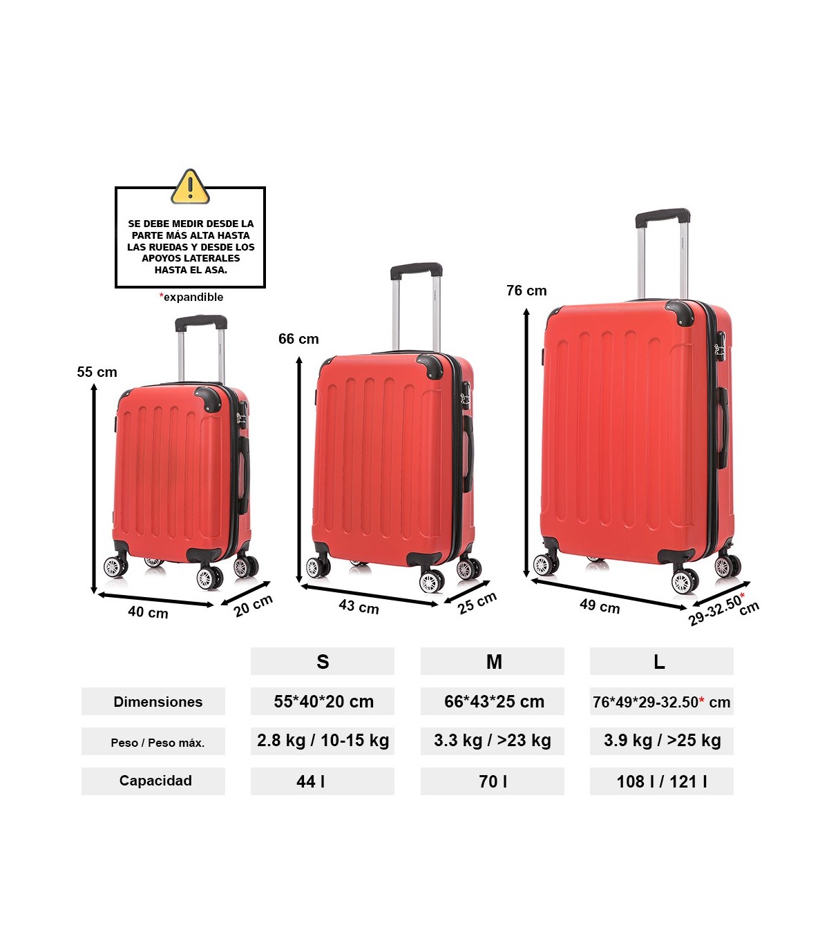 Conjunto de 3 Malas de Cabine em ABS 55x40x20cm | Média 66x43x25cm | Grande 76x49x29cm - Vermelha