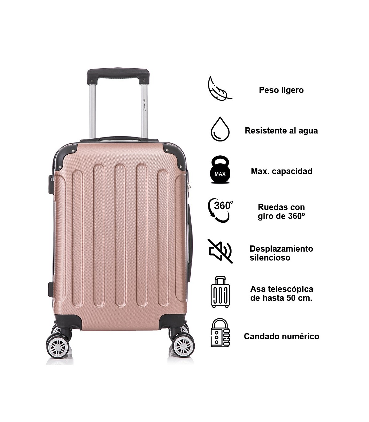 Juego de 3 Maletas ABS Cabina 55x40x20cm | Mediana 66x43x25cm| Grande 76x49x29cm - RosaDorado