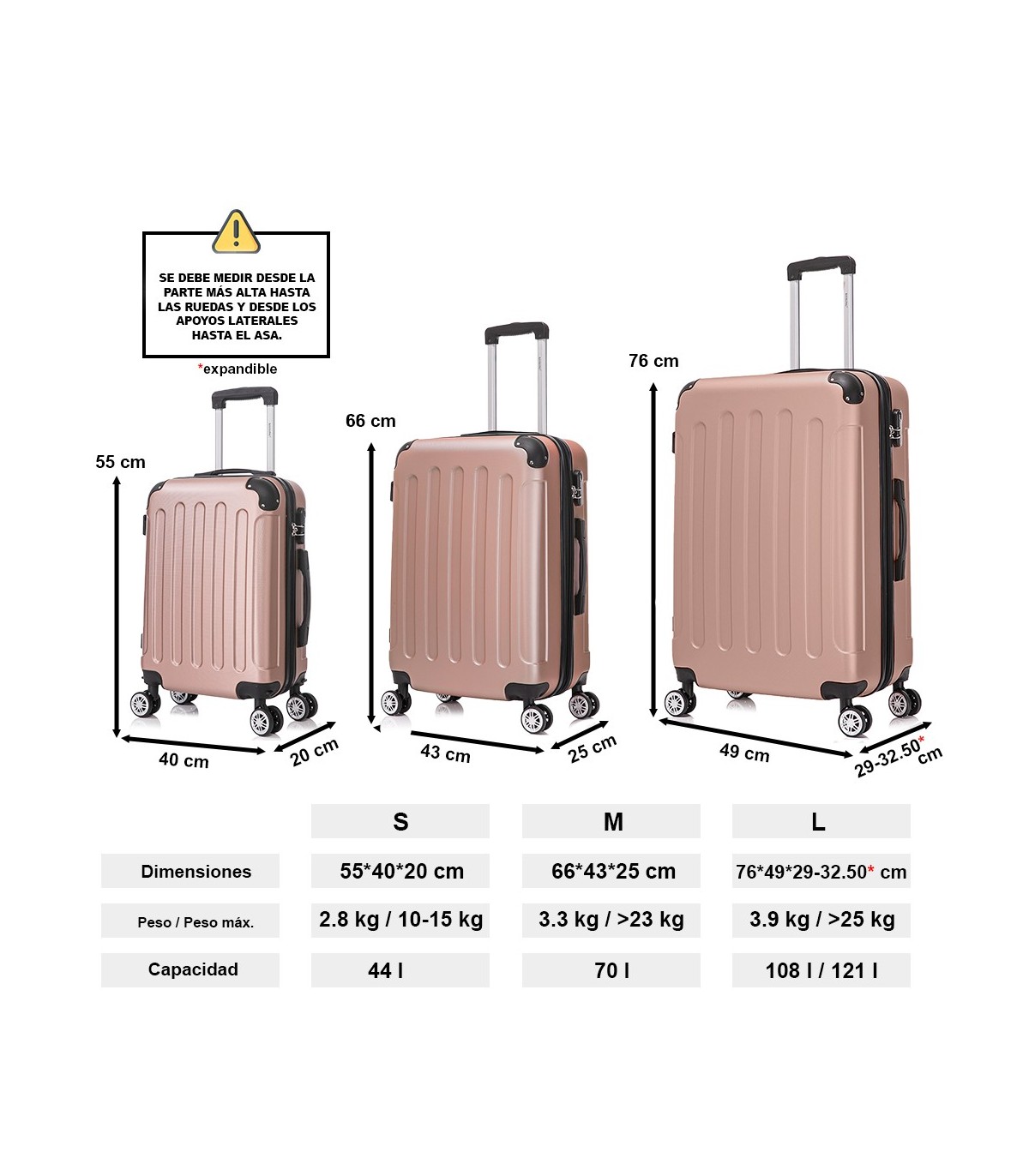 Conjunto de 3 Malas de Cabine em ABS 55x40x20cm | Média 66x43x25cm | Grande 76x49x29cm - RosaDourado