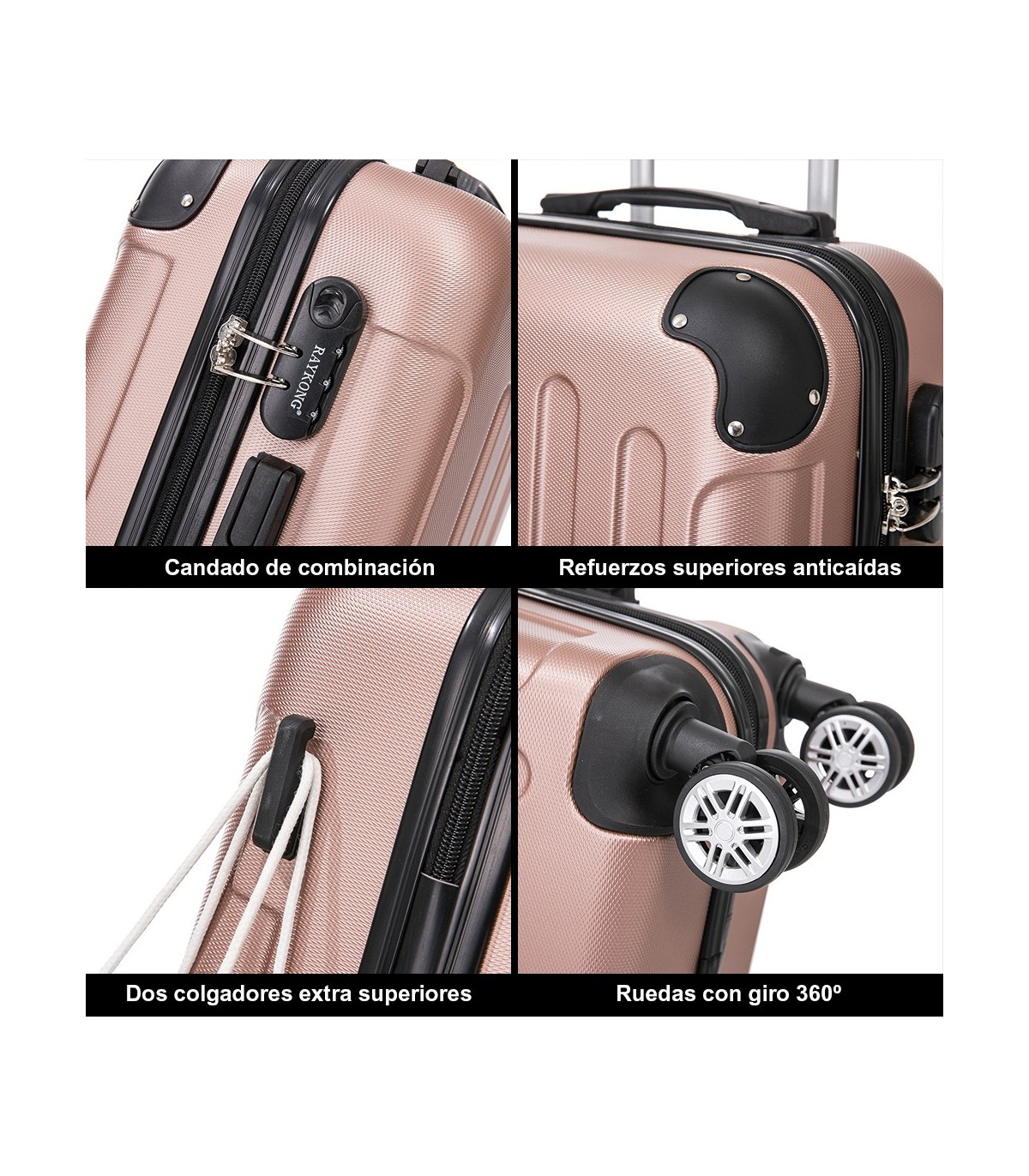 Juego de 3 Maletas ABS Cabina 55x40x20cm | Mediana 66x43x25cm| Grande 76x49x29cm - RosaDorado