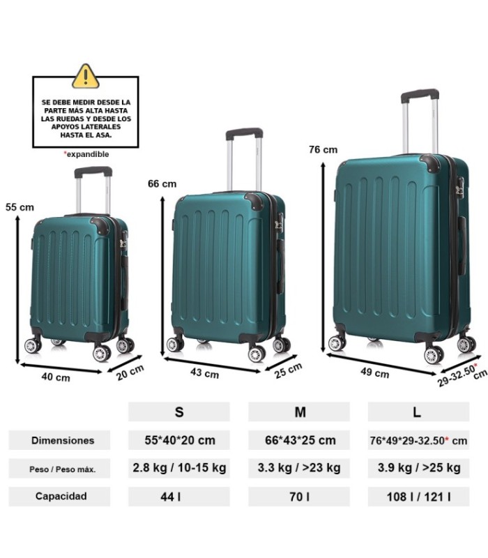 Juego de 3 Maletas ABS Cabina 55x40x20cm | Mediana 66x43x25cm| Grande 76x49x29cm - Verde