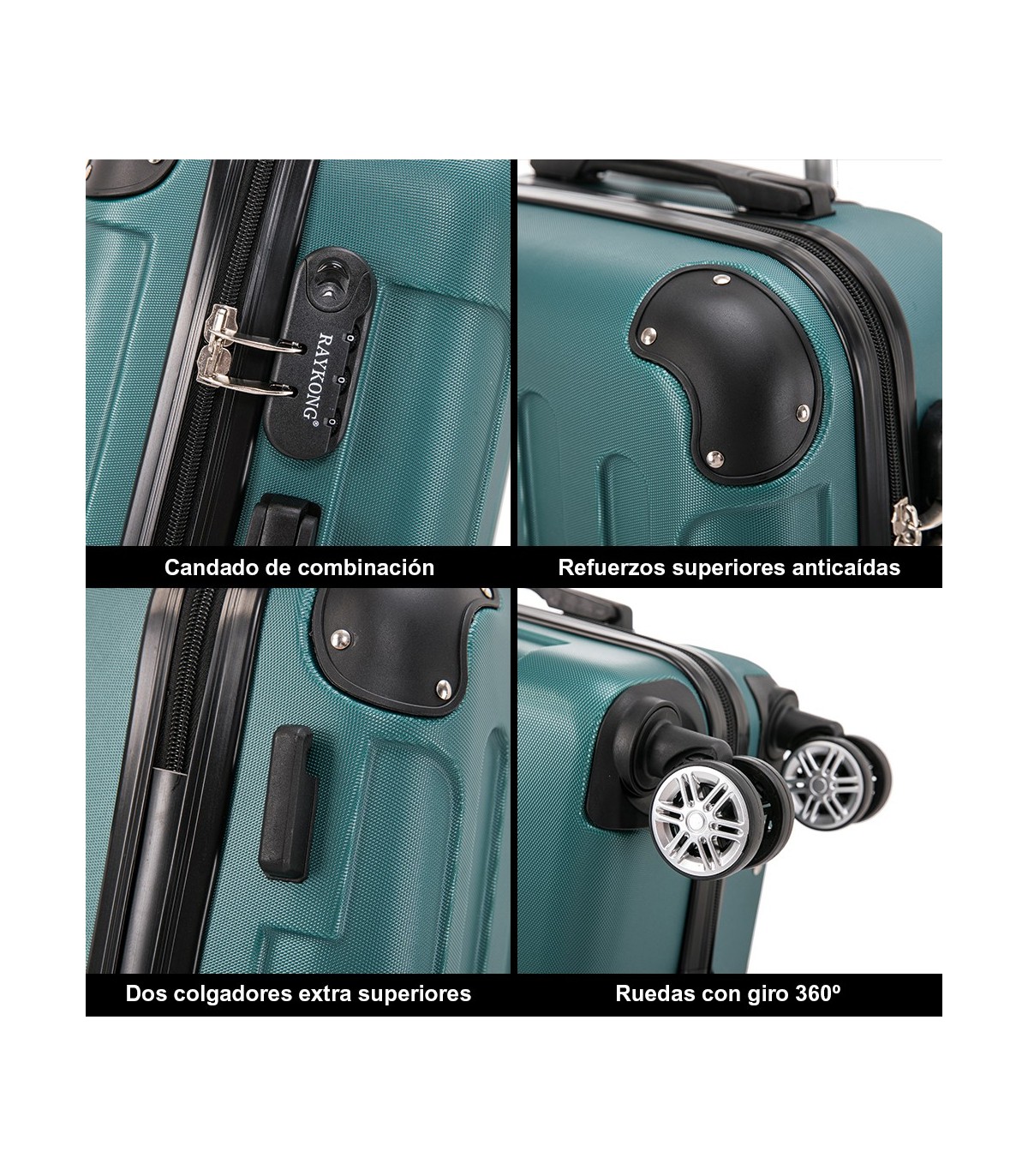 Juego de 3 Maletas ABS Cabina 55x40x20cm | Mediana 66x43x25cm| Grande 76x49x29cm - Verde