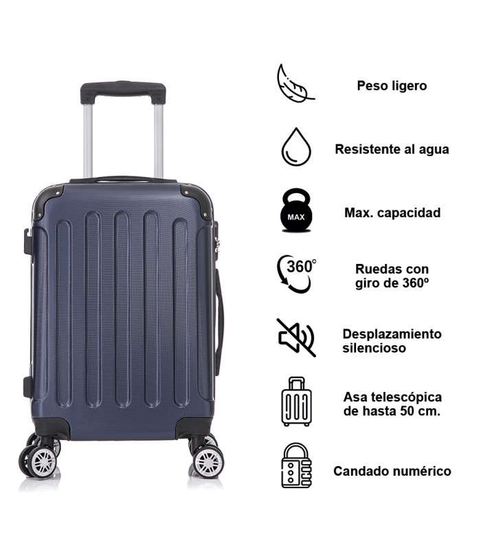 Juego de 3 Maletas ABS Cabina 55x40x20cm | Mediana 66x43x25cm| Grande 76x49x29cm - AzulMarino