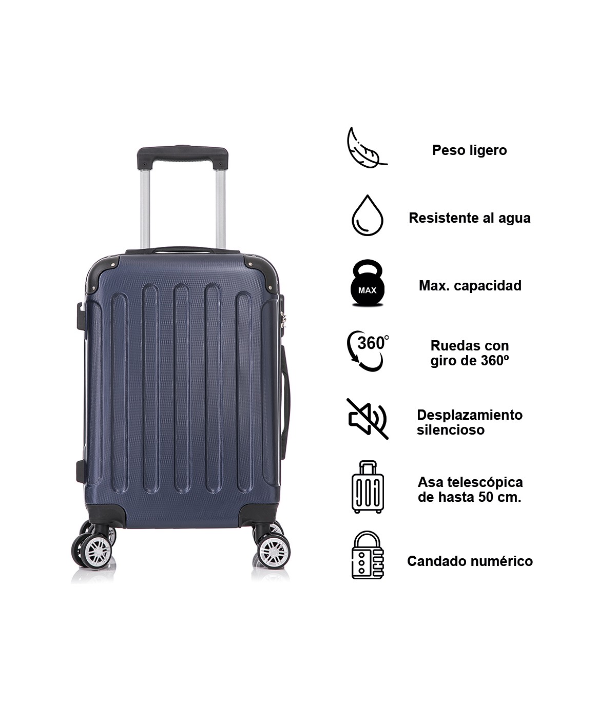 Juego de 3 Maletas ABS Cabina 55x40x20cm | Mediana 66x43x25cm| Grande 76x49x29cm - AzulMarino